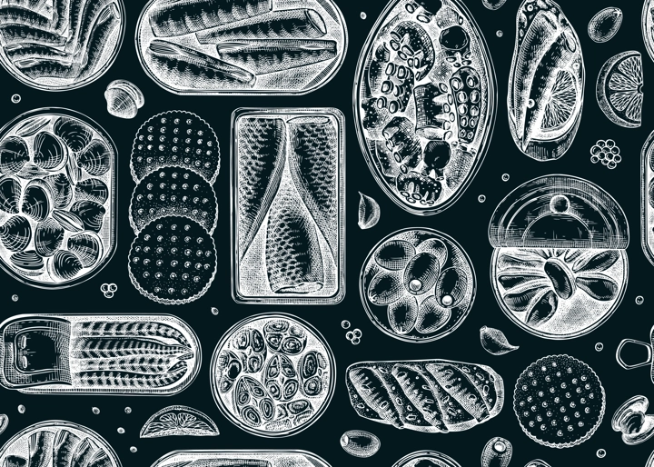 Seafood background on chalkboard. Hand-drawn tinned fish seamless pattern. Sardines, anchovy, mackerel, tuna, mussels in tin cans, fish canapes, olives, crackers sketches. For packaging or textile